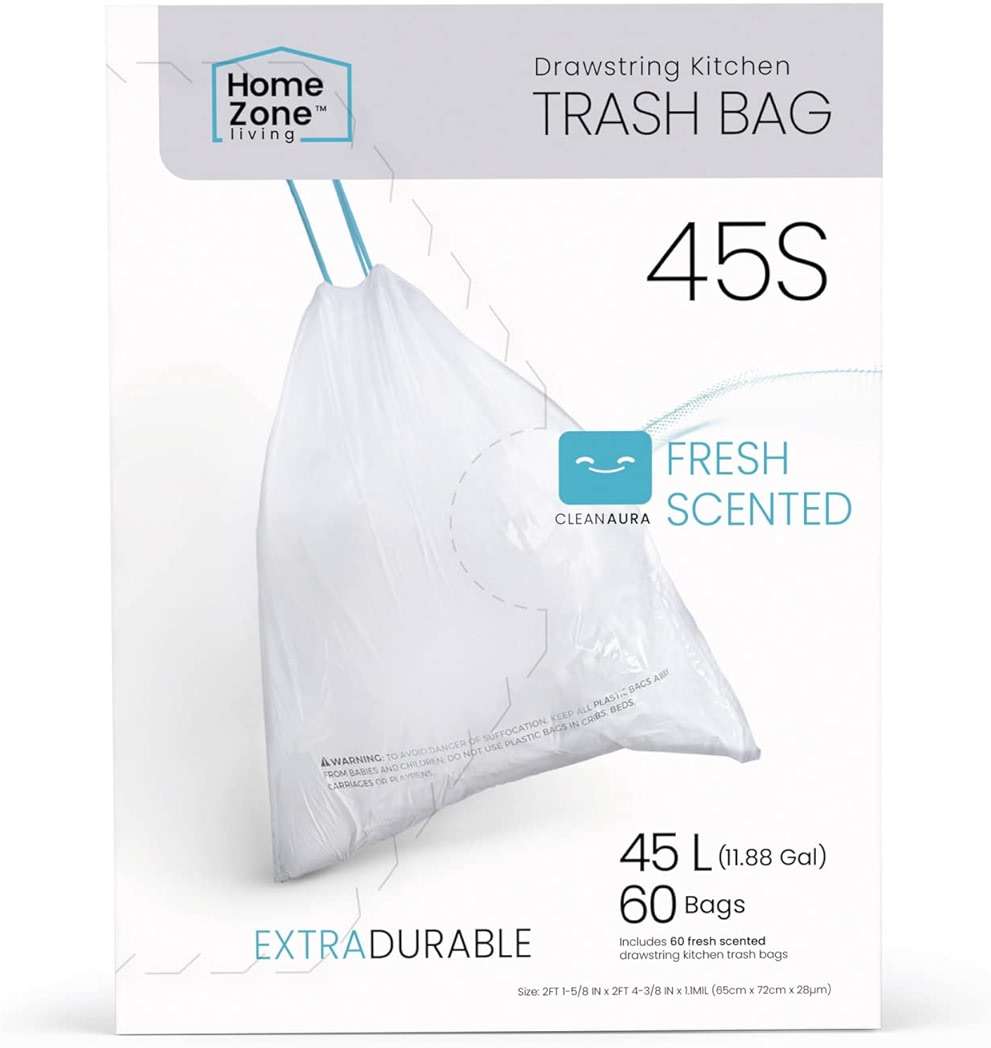 Home Zone Living 12 Gallon Kitchen Trash Bags with Drawstring Handles, Heavy Duty Custom Fit Design for Standard 45 to 50 Liter Kitchen Trash Cans, Code 45S, 60-Count - Image 1