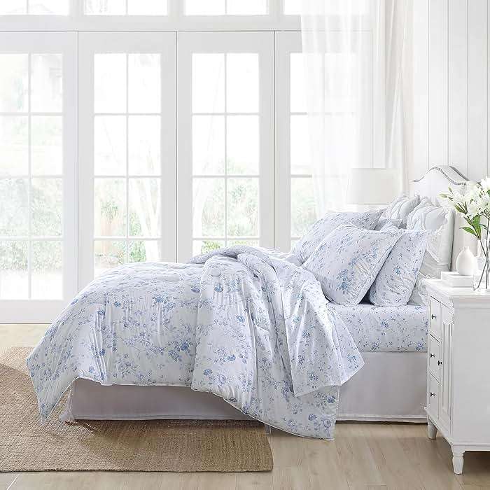 Laura Ashley - Queen Comforter Set, 100% Cotton Bedding, Medium Weight for Year-Round Comfort, Reversible Floral Design, Includes Comforter and Shams, Belinda Blue - Image 2