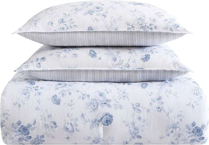 Laura Ashley - Queen Comforter Set, 100% Cotton Bedding, Medium Weight for Year-Round Comfort, Reversible Floral Design, Includes Comforter and Shams, Belinda Blue - Image 4