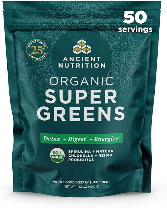 Ancient Nutrition Super Greens Powder, Organic Superfood Powder with Probiotics Made with Spirulina, Chlorella, Matcha, and Digestive Enzymes, 50 Servings, 14.1 oz - Image 1