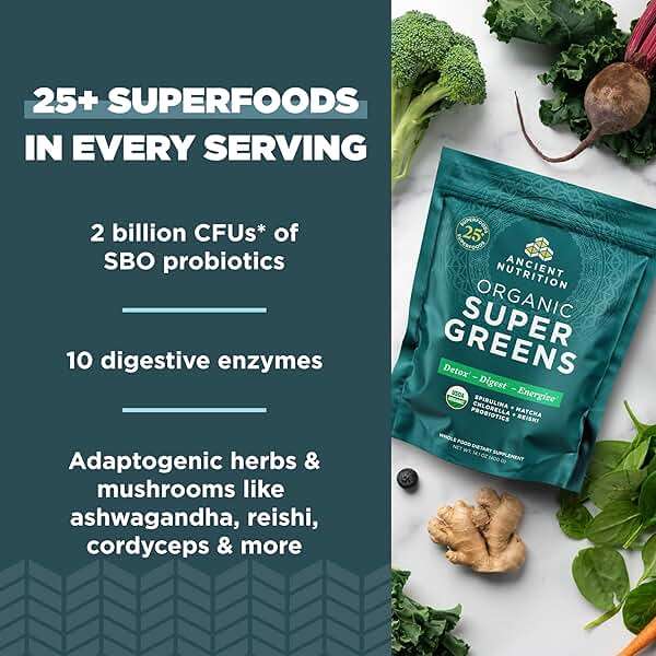 Ancient Nutrition Super Greens Powder, Organic Superfood Powder with Probiotics Made with Spirulina, Chlorella, Matcha, and Digestive Enzymes, 50 Servings, 14.1 oz - Image 4