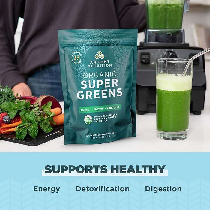 Ancient Nutrition Super Greens Powder, Organic Superfood Powder with Probiotics Made with Spirulina, Chlorella, Matcha, and Digestive Enzymes, 50 Servings, 14.1 oz - Image 5