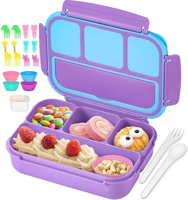 QQKO Bento Lunch Box for Kids Girls Boys, Toddler Kids Lunch Boxes for School, Lunch Containers for Adults with 4 Compartments, Sauce Container, Utensils, Food Picks and Muffin Cups, Purple - Image 1