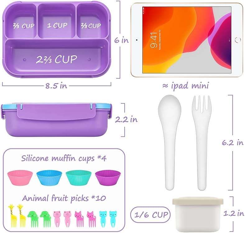 QQKO Bento Lunch Box for Kids Girls Boys, Toddler Kids Lunch Boxes for School, Lunch Containers for Adults with 4 Compartments, Sauce Container, Utensils, Food Picks and Muffin Cups, Purple - Image 2