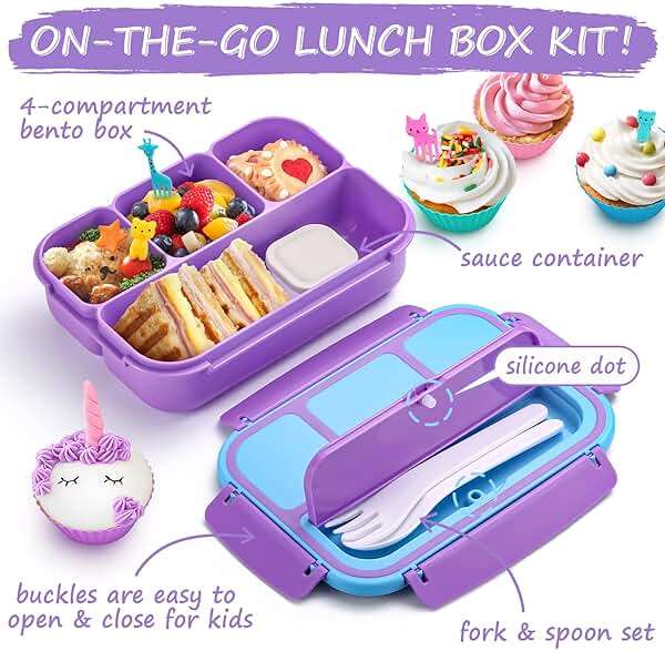 QQKO Bento Lunch Box for Kids Girls Boys, Toddler Kids Lunch Boxes for School, Lunch Containers for Adults with 4 Compartments, Sauce Container, Utensils, Food Picks and Muffin Cups, Purple - Image 3
