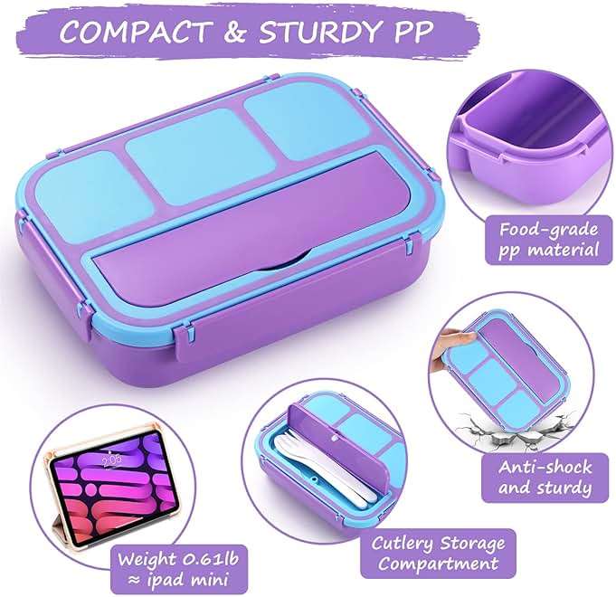 QQKO Bento Lunch Box for Kids Girls Boys, Toddler Kids Lunch Boxes for School, Lunch Containers for Adults with 4 Compartments, Sauce Container, Utensils, Food Picks and Muffin Cups, Purple - Image 4