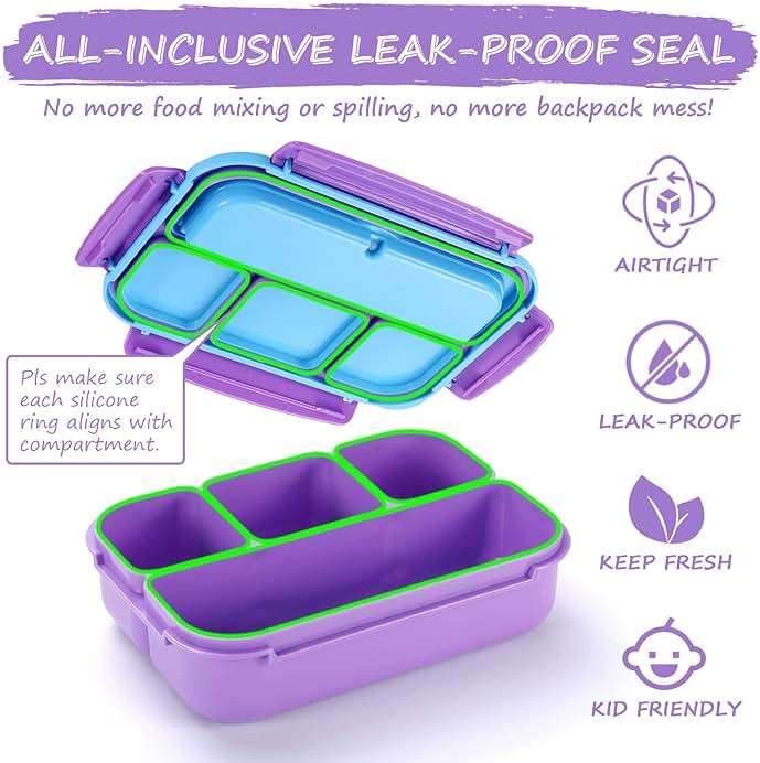 QQKO Bento Lunch Box for Kids Girls Boys, Toddler Kids Lunch Boxes for School, Lunch Containers for Adults with 4 Compartments, Sauce Container, Utensils, Food Picks and Muffin Cups, Purple - Image 5