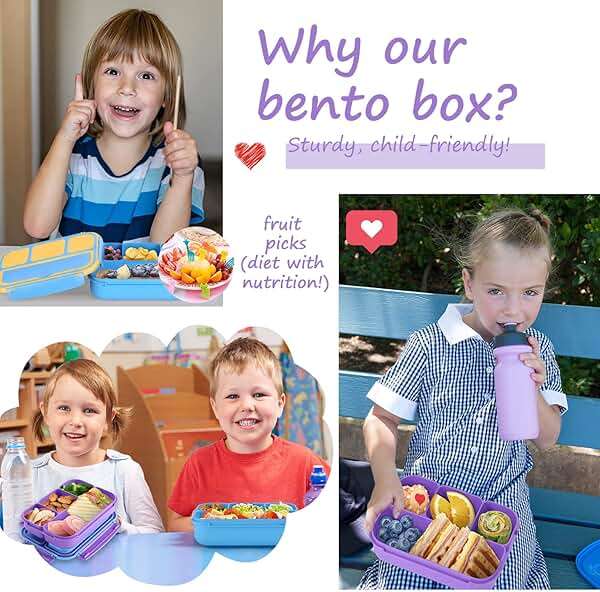 QQKO Bento Lunch Box for Kids Girls Boys, Toddler Kids Lunch Boxes for School, Lunch Containers for Adults with 4 Compartments, Sauce Container, Utensils, Food Picks and Muffin Cups, Purple - Image 7