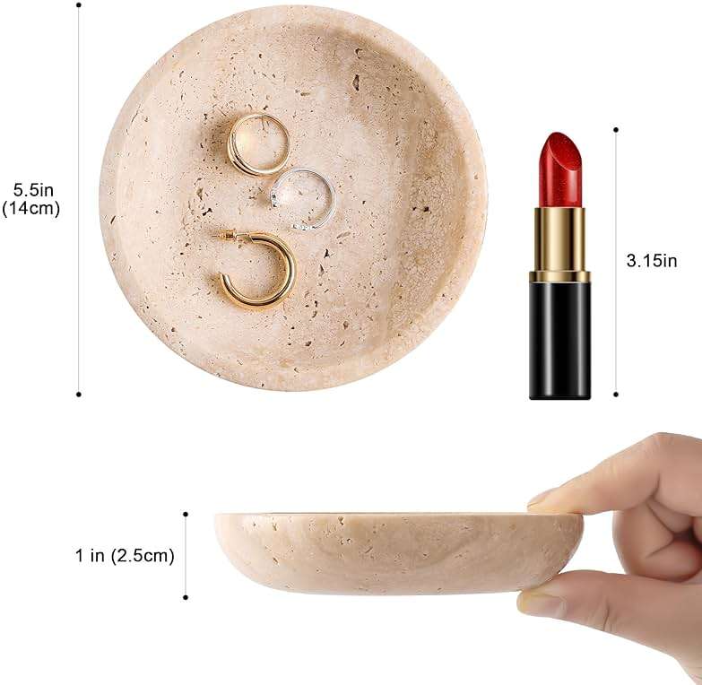 Natural Marble Travertine Ring Dish Jewelry Tray 5.5" for Women, Marble Trinket Dish for Key Earring Nightstand, Mother's Day Engagement Birthday Gift - Beige Travertine - Image 2