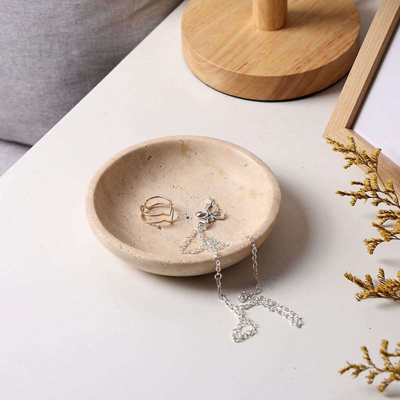 Natural Marble Travertine Ring Dish Jewelry Tray 5.5" for Women, Marble Trinket Dish for Key Earring Nightstand, Mother's Day Engagement Birthday Gift - Beige Travertine - Image 3