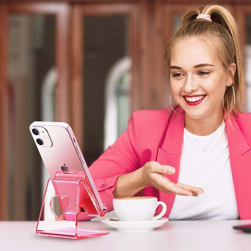 Crpich Acrylic Cell Phone Stand, Portable Phone Holder, Clear Pink Phone Stand for Desk, Compatible with Phone16 15 14 13 12 11 Pro Max SE, Switch, Android Smartphone, Pad, Tablet, Desk Accessories - Image 6