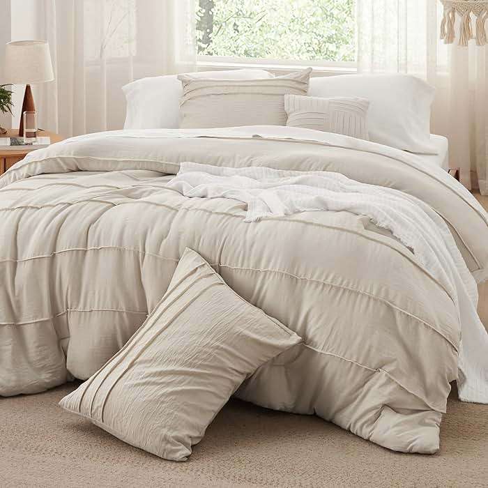 Bedsure Queen Comforter Set - 4 Pieces Pinch Pleat Bed Set, Beige Boho Bedding for All Season, 1 Soft Comforter, 2 Pillowcases, 1 Decorative Pillow - Image 2