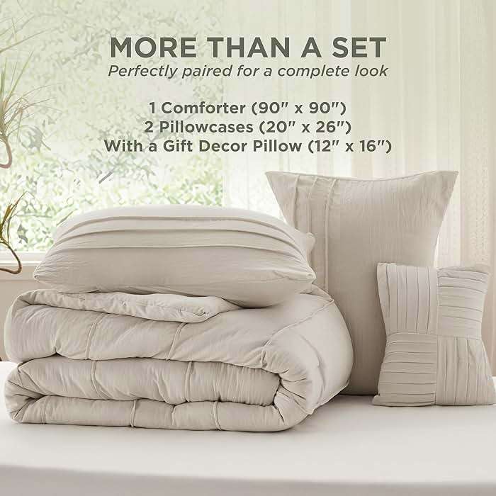 Bedsure Queen Comforter Set - 4 Pieces Pinch Pleat Bed Set, Beige Boho Bedding for All Season, 1 Soft Comforter, 2 Pillowcases, 1 Decorative Pillow - Image 7