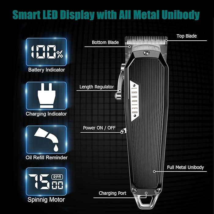 LANVIER Hair Clippers for Men, Professional 10W/7500RPM High Speed Barber Clipper for Hair Cutting and Grooming, Dual Voltage Cordless Hair Trimmer Kit with LED Display & Storage Case - Black - Image 6