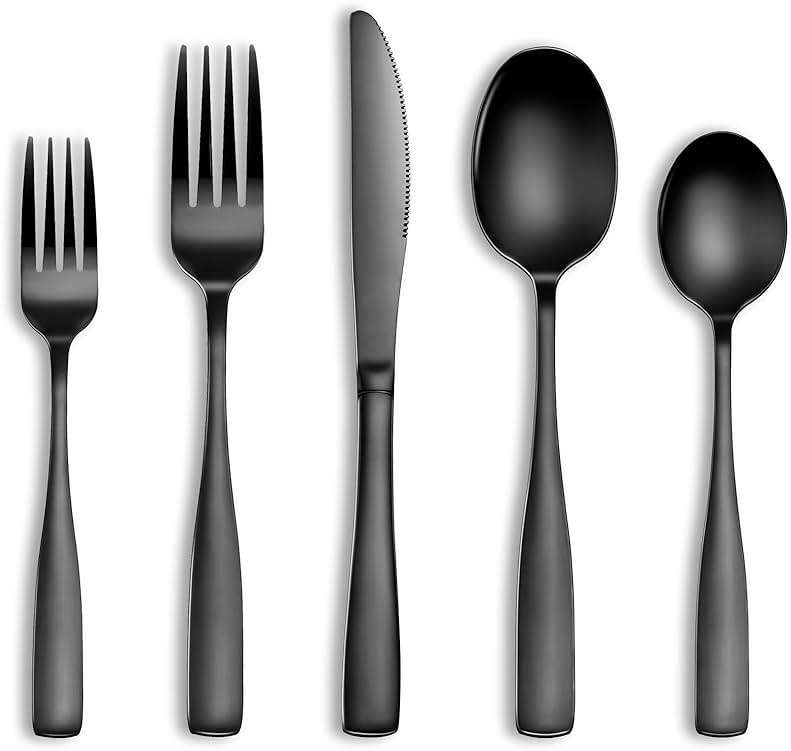 20 Pcs Black Silverware Set, Food-Grade Stainless Steel Flatware Set for 4, Square Cutlery Set, Mirror Polished Tableware Eating Utensils Set for Kitchen, Include Knife Fork Spoon Set,Dishwasher Safe - Image 1