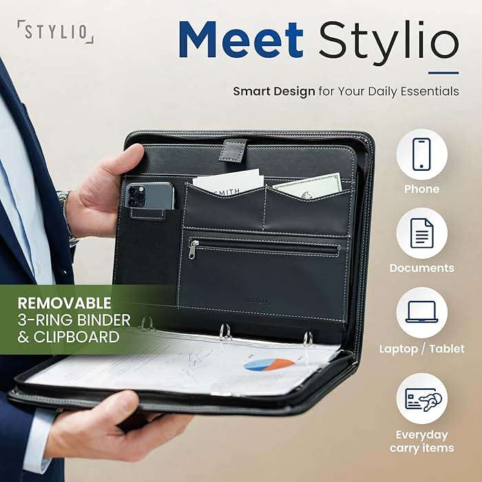 STYLIO Zipper Portfolio Binder | Padfolio 3 Ring Binder (1") and Clipboard Folio (Removable)| Portfolio Organizer for Documents, iPad, Tablet, Phone |Faux Leather Notebook Folio for Men & Women - Image 3