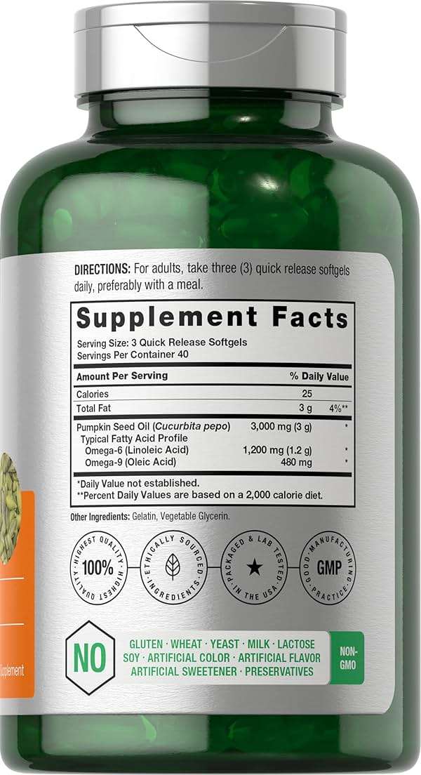Horbäach Pumpkin Seed Oil 3000mg | 120 Softgel Capsules | Essential Fatty Acids with Omega 6 and 9 | Cold Pressed Dietary Supplement | Non-GMO and Gluten Free Formula - Image 3