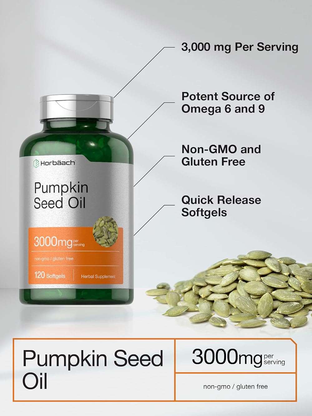 Horbäach Pumpkin Seed Oil 3000mg | 120 Softgel Capsules | Essential Fatty Acids with Omega 6 and 9 | Cold Pressed Dietary Supplement | Non-GMO and Gluten Free Formula - Image 4