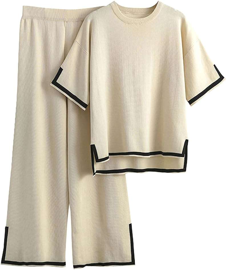 Tanming Sweater Sets Women 2 Piece Lounge Sets Short Sleeve Knit Pullover Tops Wide Leg Pants - Image 1
