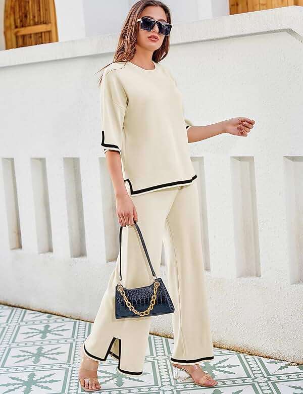 Tanming Sweater Sets Women 2 Piece Lounge Sets Short Sleeve Knit Pullover Tops Wide Leg Pants - Image 2