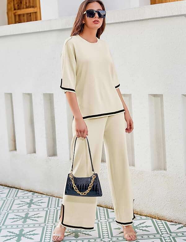 Tanming Sweater Sets Women 2 Piece Lounge Sets Short Sleeve Knit Pullover Tops Wide Leg Pants - Image 3