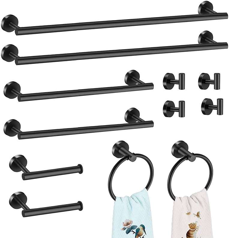 Merkaunis 12 PCS Bathroom Hardware Set, 24" and 16" Towel Bar Set Matte Black, SUS304 Stainless Steel Bathroom Accessories Set Wall Mounted for Master Bath and Kitchen (Round) - Image 1