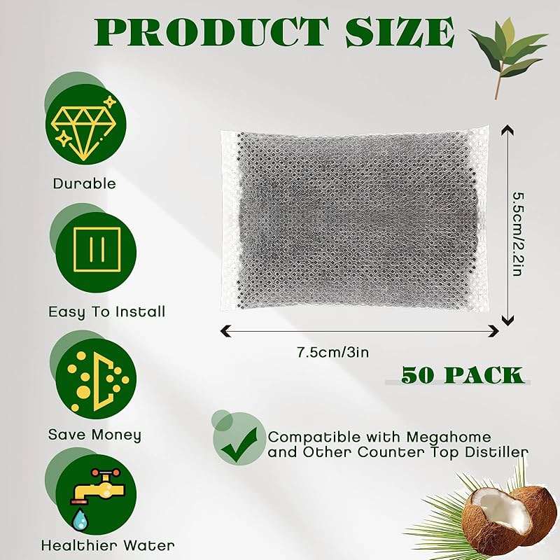 Weewooday 50 Pcs Activated Charcoal Distiller Water Filters, Coconut Shell Replacement Activated Carbon Filter Sachets Compatible with Megahome and Other Countertop Distillers - Image 2