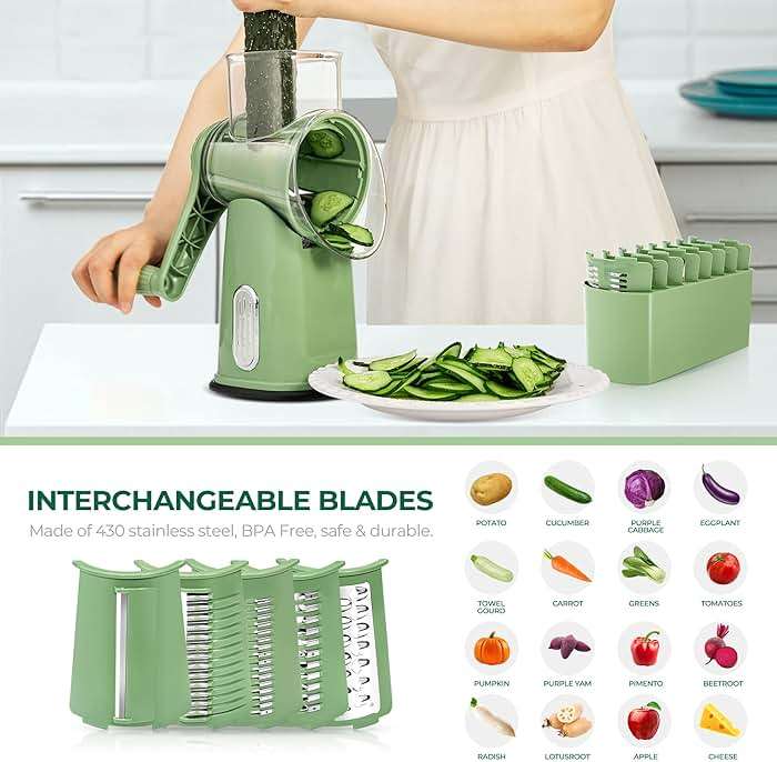 SUSTEAS Rotary Cheese Grater with Handle - Vegetable Shredder with 5 Well-designed Blades & Strong Suction Base,Round Mandoline Slicer & Food Chopper for Kitchen,with Blade Storage Box(Retro Green) - Image 3