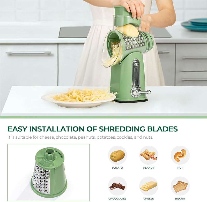 SUSTEAS Rotary Cheese Grater with Handle - Vegetable Shredder with 5 Well-designed Blades & Strong Suction Base,Round Mandoline Slicer & Food Chopper for Kitchen,with Blade Storage Box(Retro Green) - Image 5