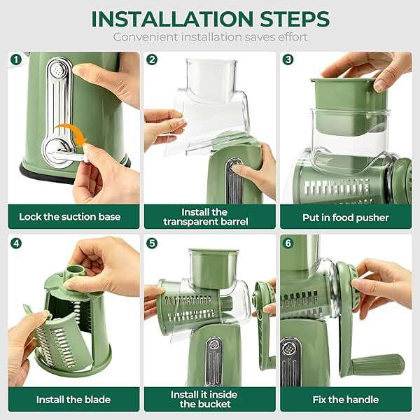 SUSTEAS Rotary Cheese Grater with Handle - Vegetable Shredder with 5 Well-designed Blades & Strong Suction Base,Round Mandoline Slicer & Food Chopper for Kitchen,with Blade Storage Box(Retro Green) - Image 6