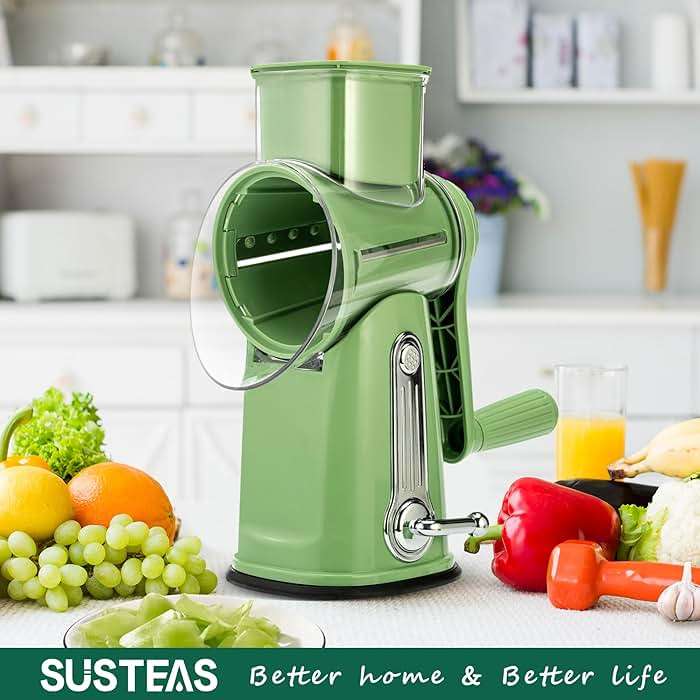 SUSTEAS Rotary Cheese Grater with Handle - Vegetable Shredder with 5 Well-designed Blades & Strong Suction Base,Round Mandoline Slicer & Food Chopper for Kitchen,with Blade Storage Box(Retro Green) - Image 7
