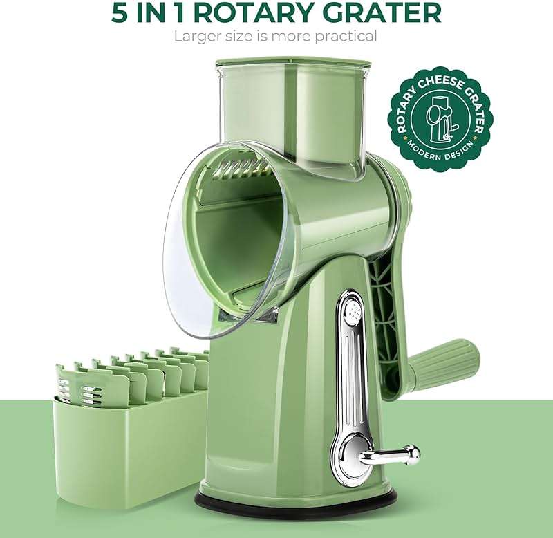 SUSTEAS Rotary Cheese Grater with Handle - Vegetable Shredder with 5 Well-designed Blades & Strong Suction Base,Round Mandoline Slicer & Food Chopper for Kitchen,with Blade Storage Box(Retro Green) - Image 8