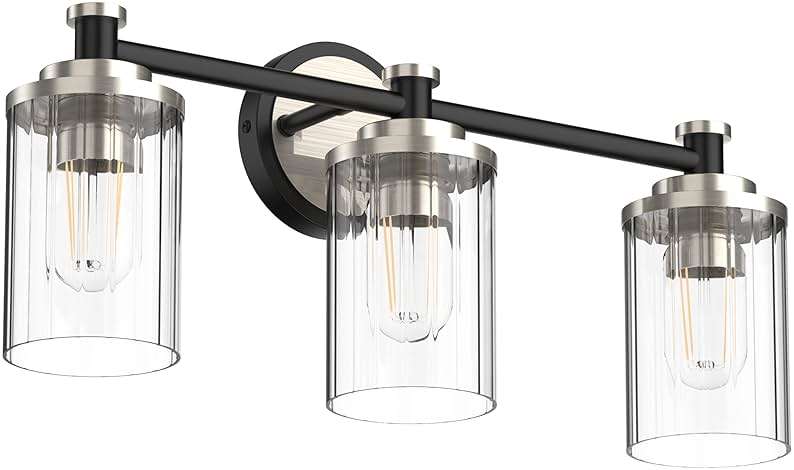 PHIXART Bathroom Lighting Fixtures Black and Brushed Nickel Bathroom Vanity Light with Cylindrical Clear Stripes Glass Lampshade E26 Socket Base Bathroom Lighting Fixtures Over Mirror (3 Lights) - Image 1