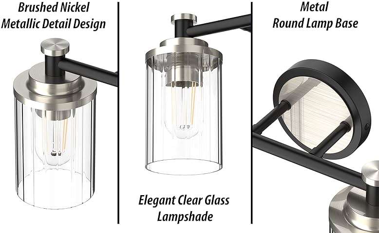 PHIXART Bathroom Lighting Fixtures Black and Brushed Nickel Bathroom Vanity Light with Cylindrical Clear Stripes Glass Lampshade E26 Socket Base Bathroom Lighting Fixtures Over Mirror (3 Lights) - Image 6