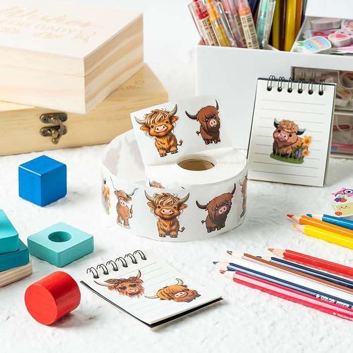 Dvbonike 800Pcs Cute Highland Cow Roll Stickers 8 Style Cartoon Hyland Cattle Decals, Water Bottle Laptop Scrapbook Luggage Decor Incentive School Classroom Rewards Gift Party Favor Supplies - Image 3