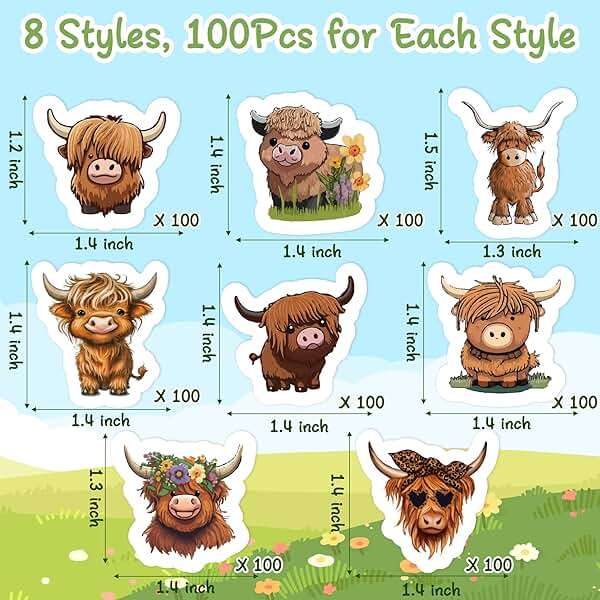 Dvbonike 800Pcs Cute Highland Cow Roll Stickers 8 Style Cartoon Hyland Cattle Decals, Water Bottle Laptop Scrapbook Luggage Decor Incentive School Classroom Rewards Gift Party Favor Supplies - Image 4