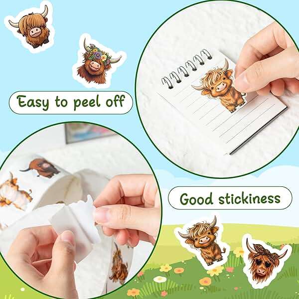 Dvbonike 800Pcs Cute Highland Cow Roll Stickers 8 Style Cartoon Hyland Cattle Decals, Water Bottle Laptop Scrapbook Luggage Decor Incentive School Classroom Rewards Gift Party Favor Supplies - Image 5