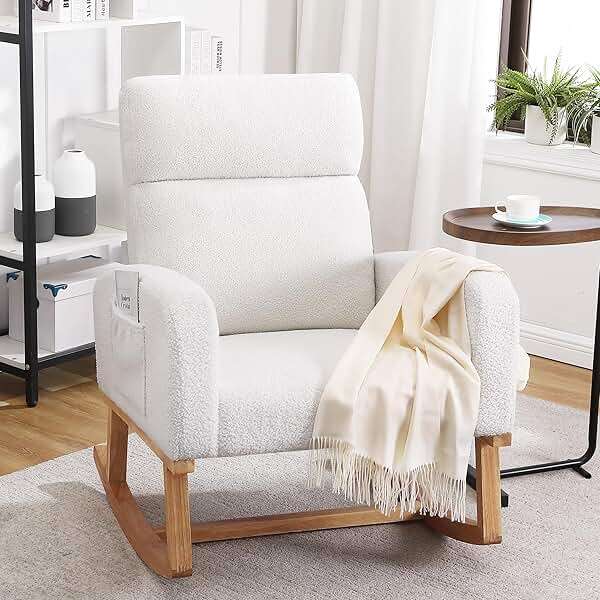 HCHAIRH Rocking Chair Nursery, Sherpa Nursing Rocking Armchair for Mom Nursery Morden Rocker Chair with High Backrest for Living Room,Bedroom,Teddy White - Image 1