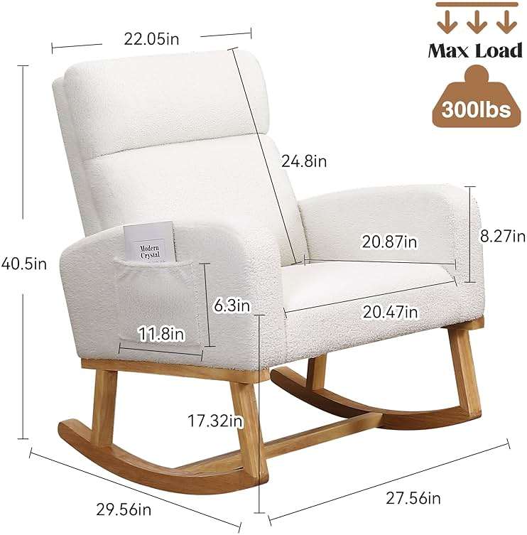 HCHAIRH Rocking Chair Nursery, Sherpa Nursing Rocking Armchair for Mom Nursery Morden Rocker Chair with High Backrest for Living Room,Bedroom,Teddy White - Image 2