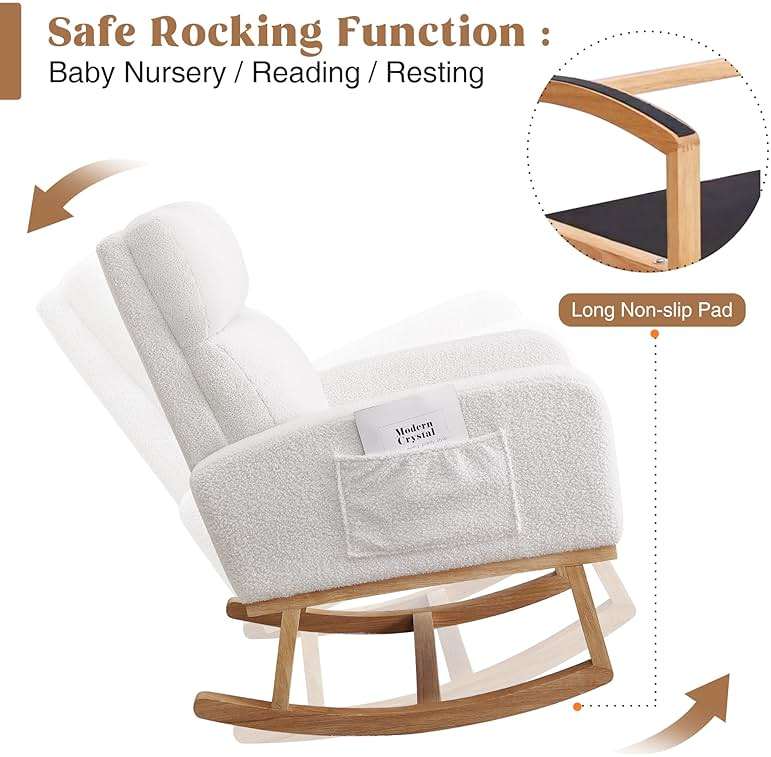 HCHAIRH Rocking Chair Nursery, Sherpa Nursing Rocking Armchair for Mom Nursery Morden Rocker Chair with High Backrest for Living Room,Bedroom,Teddy White - Image 4