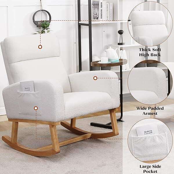 HCHAIRH Rocking Chair Nursery, Sherpa Nursing Rocking Armchair for Mom Nursery Morden Rocker Chair with High Backrest for Living Room,Bedroom,Teddy White - Image 5