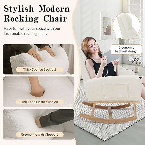 HCHAIRH Rocking Chair Nursery, Sherpa Nursing Rocking Armchair for Mom Nursery Morden Rocker Chair with High Backrest for Living Room,Bedroom,Teddy White - Image 8