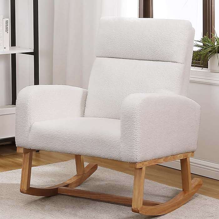HCHAIRH Rocking Chair Nursery, Sherpa Nursing Rocking Armchair for Mom Nursery Morden Rocker Chair with High Backrest for Living Room,Bedroom,Teddy White - Image 9