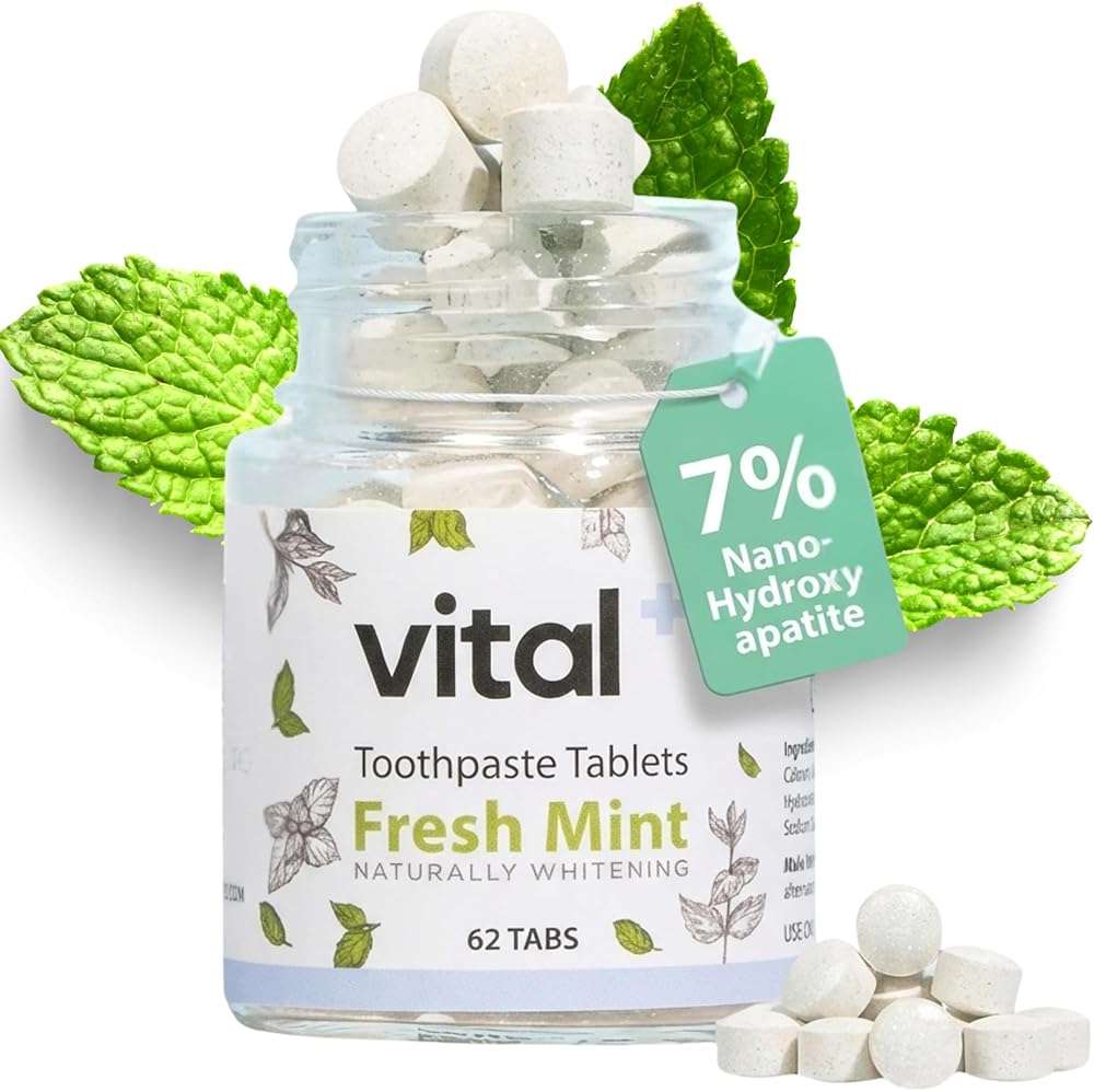 Vital Toothpaste Tabs with 7% Nano-Hydroxyapatite | Naturally Whitens + Remineralizes Teeth | Fluoride & Plastic Free | Combats Sensitivity | Travel & Eco Friendly | Fresh Mint | 62 Tablets (1 Month) - Image 1