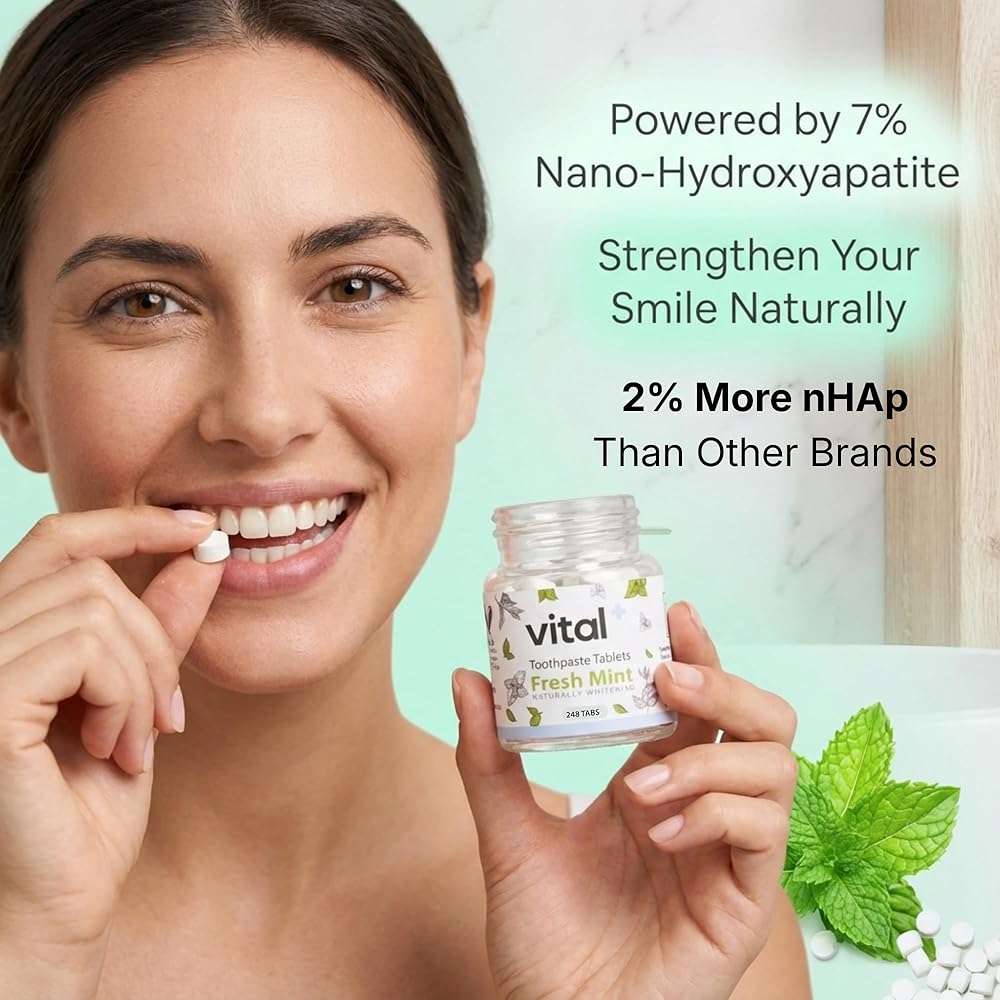 Vital Toothpaste Tabs with 7% Nano-Hydroxyapatite | Naturally Whitens + Remineralizes Teeth | Fluoride & Plastic Free | Combats Sensitivity | Travel & Eco Friendly | Fresh Mint | 62 Tablets (1 Month) - Image 3