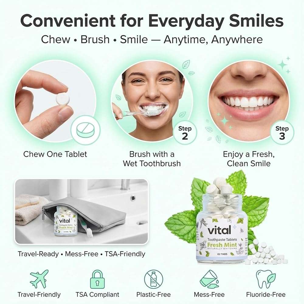 Vital Toothpaste Tabs with 7% Nano-Hydroxyapatite | Naturally Whitens + Remineralizes Teeth | Fluoride & Plastic Free | Combats Sensitivity | Travel & Eco Friendly | Fresh Mint | 62 Tablets (1 Month) - Image 4