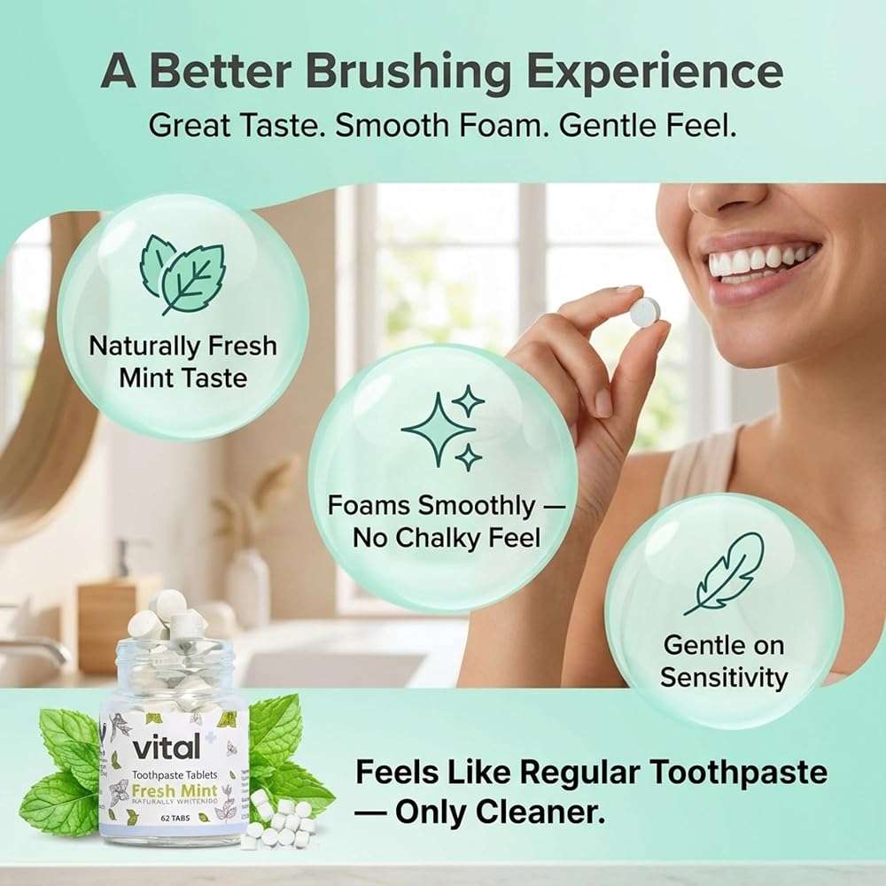 Vital Toothpaste Tabs with 7% Nano-Hydroxyapatite | Naturally Whitens + Remineralizes Teeth | Fluoride & Plastic Free | Combats Sensitivity | Travel & Eco Friendly | Fresh Mint | 62 Tablets (1 Month) - Image 8
