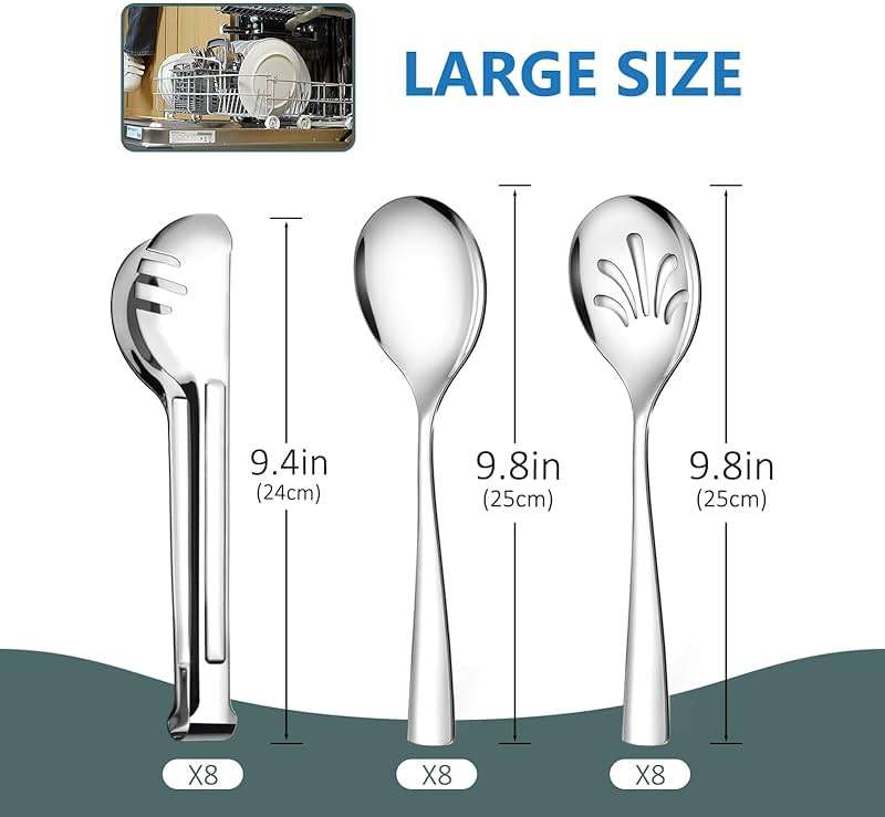 24 Pack Stainless Steel Large Serving Utensils Set - 10" Serving Spoons x 8, 10" Slotted Spoons x 8, and 9" Serving Tongs x 8 by Teivio, for Buffet, Chafing Dish, Catering Supplies (Silver) - Image 3