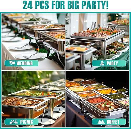 24 Pack Stainless Steel Large Serving Utensils Set - 10" Serving Spoons x 8, 10" Slotted Spoons x 8, and 9" Serving Tongs x 8 by Teivio, for Buffet, Chafing Dish, Catering Supplies (Silver) - Image 4