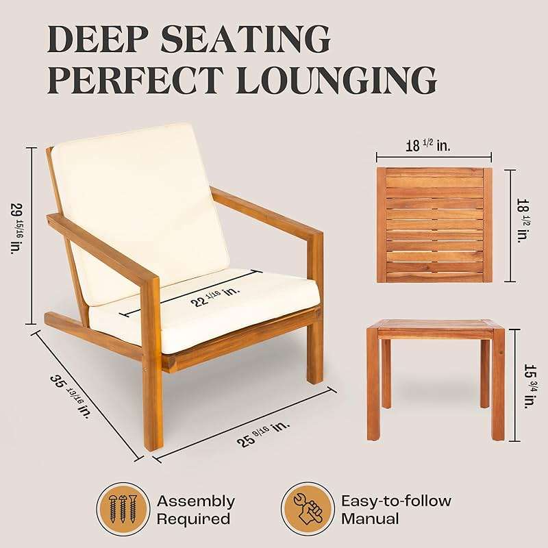 IDZO Natural 3-Piece Patio Bistro Sets with Foldable 400lbs Weight Chairs, a 220lbs Shelf Table, Made from FSC-Certified Acacia Wood, Featuring Washable Cushions and an Ergonomic Design - Image 2